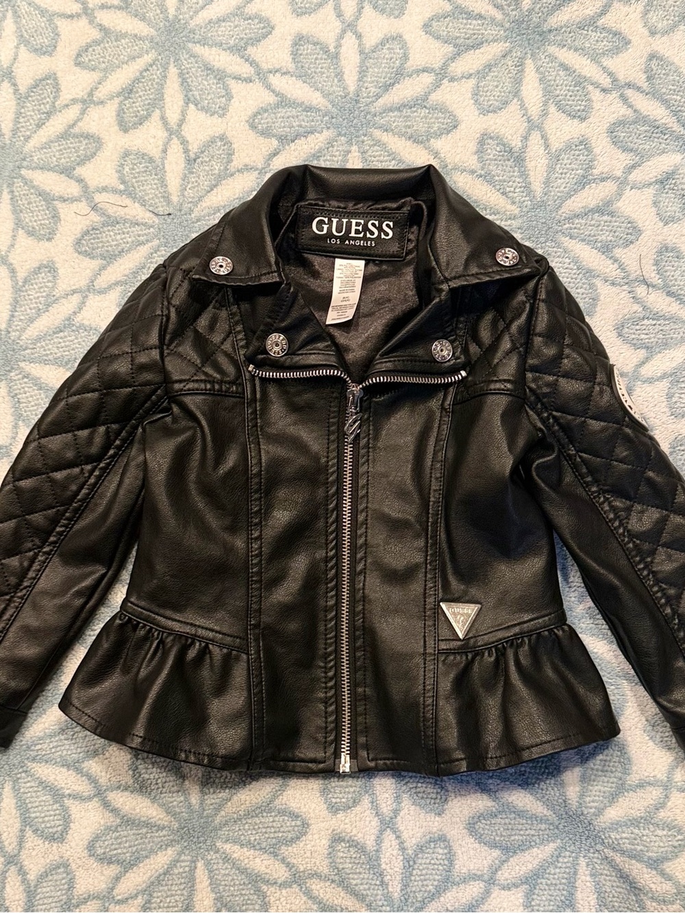 GUESS Girls' Black Quilted Peplum Faux-Leather Jacket used size 4